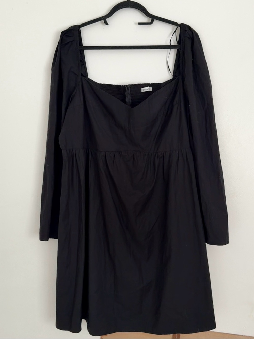Reformation Black Woven Cotton Square Neck Smocked Mini Kenzi Dress Long Sleeve